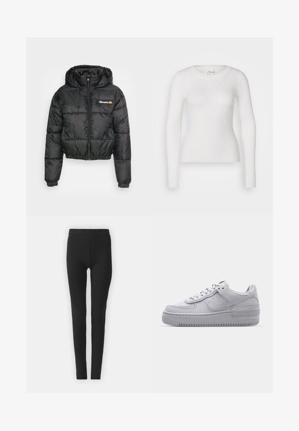 Chaqueta acolchada corta negra con capucha, que presenta un cierre con cremallera frontal y cordón ajustable, diseño acolchado y pequeño logo en el lado izquierdo del pecho.; Top blanco de manga larga con costuras acanaladas y escote redondo. La tela es suave, con una textura sutil y un diseño ajustado. Sin hardware ni patrones visibles.; Leggings negros y elásticos con un ajuste ceñido, que cuentan con una cintura alta y una textura suave. Sin patrones visibles ni detalles de hardware.; Zapatilla Nike Air Force 1 gris con puntera perforada, parte superior de cuero suave, suela gruesa y detalle en relieve 'AIR' en el talón.