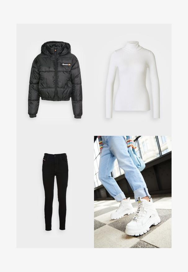 Zwarte cropped pufferjack met een capuchon, voorzien van een ritssluiting aan de voorkant en een trekkoord, gequilt ontwerp en een klein logo op de linkerkant van de borst.; Witte geribbelde coltrui met lange mouwen, voorzien van een aansluitend ontwerp en zachte textuur. Platte kraag en naadloze uitstraling.; Zwarte, stretch denim skinny jeans met een hoge taille, voorzien van vijf zakken en een ritsluiting. Eenvoudig ontwerp met minimale details.; Witte chunky sneakers met dikke zolen, veter-sluiting aan de voorkant en een merketiket. Draagt met lichtblauwe opgerolde jeans op een patroonvloer.
