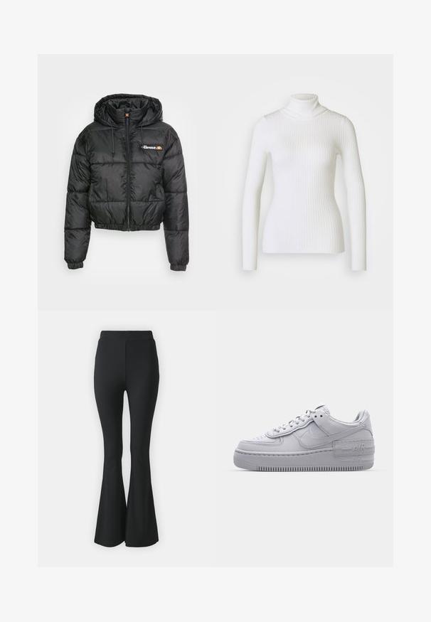 Schwarze, kurze Puffjacke mit Kapuze, ausgestattet mit einem Reißverschluss vorne und Kordelzug, gestepptem Design und kleinem Logo auf der linken Brust.; Weißer gerippter Rollkragenpullover mit langen Ärmeln, der ein tailliertes Design und eine weiche Textur aufweist. Flacher Kragen und nahtloser Look.; Schwarze ausgestellte Hosen aus elastischem Stoff. Sie haben einen hohen Bund und ein glattes, eng anliegendes Design, das ab dem Knie nach unten ausgestellt ist.; Graue Nike Air Force 1 Sneaker mit perforierter Zehenpartie, Obermaterial aus glattem Leder, dicker Sohle und geprägtem 'AIR'-Detail an der Ferse.