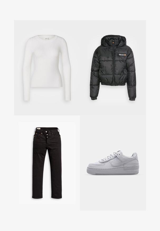 Chaqueta acolchada corta negra con capucha, que presenta un cierre con cremallera frontal y cordón ajustable, diseño acolchado y pequeño logo en el lado izquierdo del pecho.; Top blanco de manga larga con costuras acanaladas y escote redondo. La tela es suave, con una textura sutil y un diseño ajustado. Sin hardware ni patrones visibles.; Vaqueros negros de pierna recta con cierre de botón, bolsillos delanteros y traseros, y detalles de remaches de cobre sobre un fondo blanco.; Zapatilla Nike Air Force 1 gris con puntera perforada, parte superior de cuero suave, suela gruesa y detalle en relieve 'AIR' en el talón.