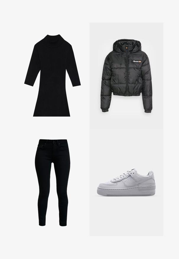 Schwarze, kurze Puffjacke mit Kapuze, ausgestattet mit einem Reißverschluss vorne und Kordelzug, gestepptem Design und kleinem Logo auf der linken Brust.; Schwarzes geripptes Strickkleid mit hohem Kragen und dreiviertel Ärmeln, das eine taillierte Silhouette besitzt und am Saum ausgestellt ist.; Schwarze Denim-Skinny-Jeans mit glatter Textur, fünf Taschen und Metallbeschlägen. Verfügt über eine klassische Taille und ein tailliertes Bein-Design.; Graue Nike Air Force 1 Sneaker mit perforierter Zehenpartie, Obermaterial aus glattem Leder, dicker Sohle und geprägtem 'AIR'-Detail an der Ferse.