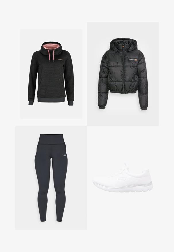 Schwarze, kurze Puffjacke mit Kapuze, ausgestattet mit einem Reißverschluss vorne und Kordelzug, gestepptem Design und kleinem Logo auf der linken Brust.; Dunkelgraues Kapuzen-Sweatshirt mit pinken Kordeln, hohem Kragen, pinkem Futter, Fronttasche und "Swedemount" Schriftzug auf der Brust.; Schwarze hochtaillierte sportliche Leggings mit enganliegendem Design, glatter Textur und einem kleinen weißen Logo an der linken Hüfte.; Weiße Sportlichkeit mit einem strukturierten Strick-Obermaterial, einem silbernen Akzent an der Sohle und einer flexiblen Gummisohle für Komfort und Unterstützung.
