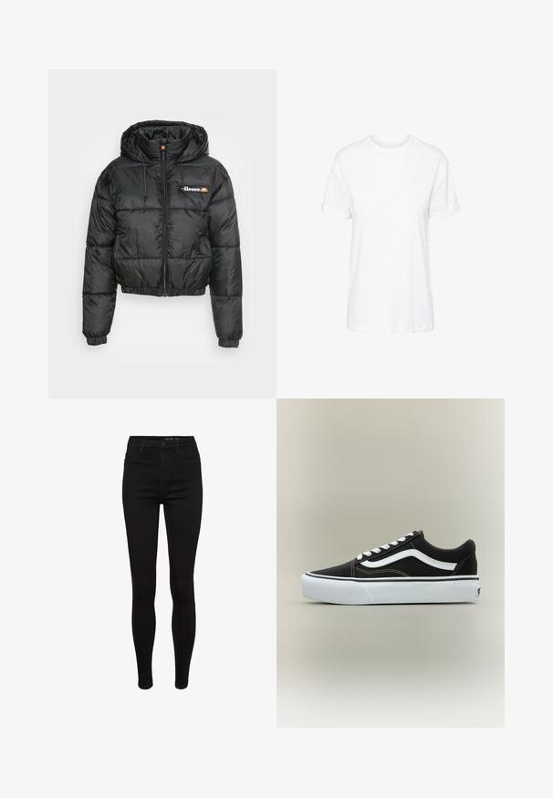 Veste courte en duvet noire avec capuche, dotée d'une fermeture éclair à l'avant et d'un cordon de serrage, design matelassé et petit logo sur la poitrine gauche.; T-shirt en coton blanc avec des manches courtes, un col rond et une coupe décontractée, offrant une texture lisse et sans motifs visibles.; Jean skinny en denim noir avec une taille haute, design à cinq poches, passants de ceinture et détails de couture subtils. Texture lisse, forme ajustée.; Baskets basses noires avec bande blanche latérale, lacets blancs, semelle en caoutchouc blanche et bout texturé sur fond neutre.