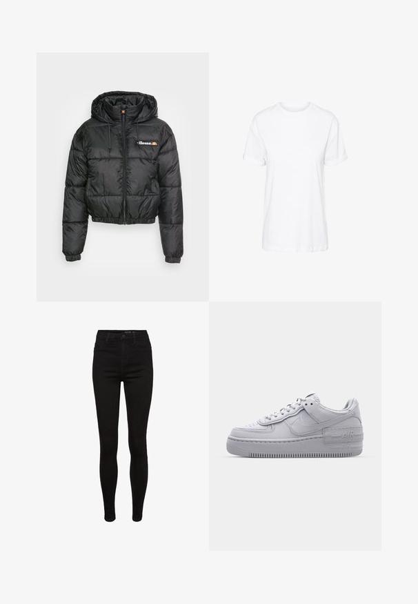 Sort cropped pufferjakke med hætte, med lynlås foran og snøre, quiltet design og lille logo på venstre bryst.; Hvid bomulds t-shirt med korte ærmer, rund hals og en afslappet pasform, med en glat tekstur og uden synlige mønstre.; Sorte skinny jeans i denim med høj talje, fem lommer, bæltestropper og subtile syninger. Glat tekstur, tætsiddende pasform.; Grå Nike Air Force 1 sneakers med perforeret tå, glat læderoverdel, tyk sål og præget 'AIR' detalje på hælen.
