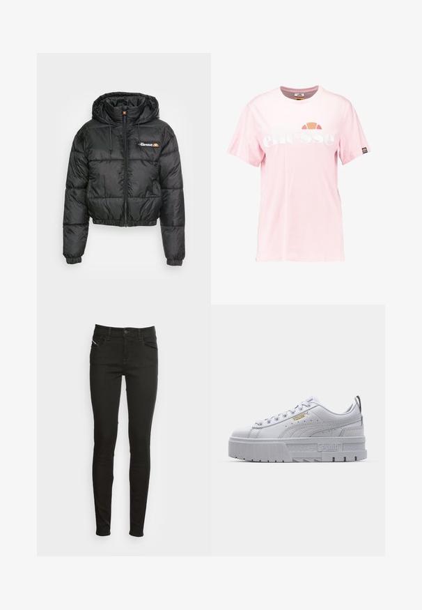 Zwarte cropped pufferjack met een capuchon, voorzien van een ritssluiting aan de voorkant en een trekkoord, gequilt ontwerp en een klein logo op de linkerkant van de borst.; Lichtroze katoenen T-shirt met een groot wit "ellesse" logo, ronde halslijn, korte mouwen en een klein logo-oppatch op de mouw.; Zwarte slim-fit jeans met voorzakken, riemlussen, knoopsluiting en rits, weergegeven tegen een witte achtergrond.; Witte platform sneakers met een leren bovenwerk, gevoerde kraag, grijze rubberen zool en gouden accenten met het Puma-logo.