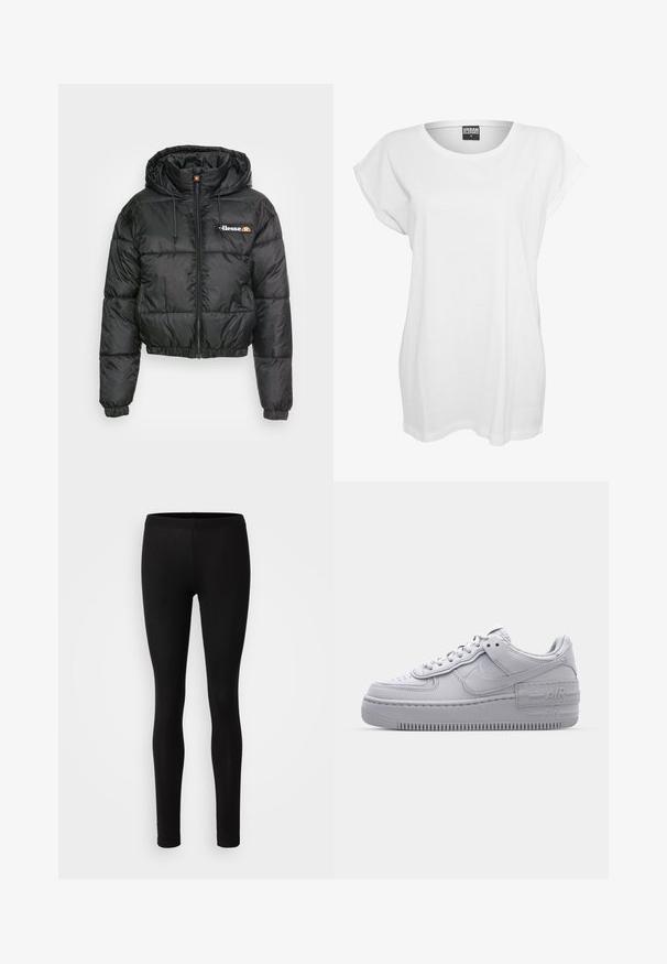 Sort cropped pufferjakke med hætte, med lynlås foran og snøre, quiltet design og lille logo på venstre bryst.; Hvid kortærmet t-shirt lavet af bomuld, med en afslappet pasform, bred halsudskæring og minimalistisk design uden mønstre eller accenter.; Sorte leggings lavet af et blødt, strækbart stof. De har en tætsiddende pasform med elastisk talje og en glat, mat overflade.; Grå Nike Air Force 1 sneakers med perforeret tå, glat læderoverdel, tyk sål og præget 'AIR' detalje på hælen.
