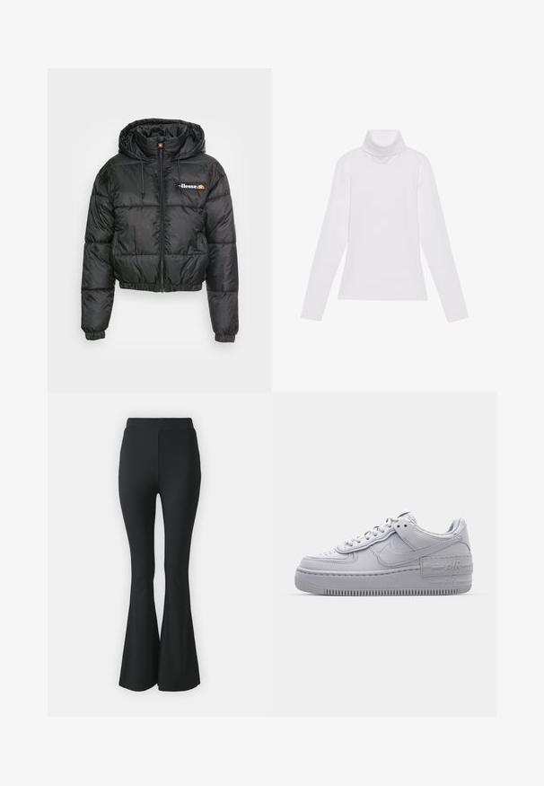 Must have kaelari puffer jakk musta värvusega, varustatud lukuga ees ja reguleeritava kumminööriga, trapetsikujulise mustriga ning väike logo vasakul rinnal.; Valge pikkade varrukate turtleneck-särk, mis on valmistatud siledast ja venivast kangast. Omab kõrget kraed ja keha lähedast lõiget, ilma nähtavate mustrite või kaunistusteta.; Mustast lõtvuvate pükste, mis on valmistatud venivast kangast. Omab kõrget vööd ja sujuvat, keha järgivat disaini, mis laieneb põlve alt allapoole.; Hallitus hallid Nike Air Force 1 sneakerid, millel on augustatud varvas, siledast nahast ülemine osa, paks tall ning reljeefne 'AIR' detail kontsapadjal.