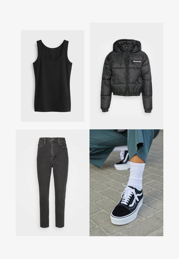 Veste courte en duvet noire avec capuche, dotée d'une fermeture éclair à l'avant et d'un cordon de serrage, design matelassé et petit logo sur la poitrine gauche.; Débardeur noir sans manches avec encolure ronde, présenté à plat sur un fond gris clair.; Jeans en denim noir taille haute avec une coupe slim, dotés d'une fermeture à bouton, de passants de ceinture et d'un design classique à cinq poches.; Baskets en suède noir avec des accents et des lacets blancs, présentant une épaisse semelle blanche et des coutures contrastantes, associées à une chaussette blanche.