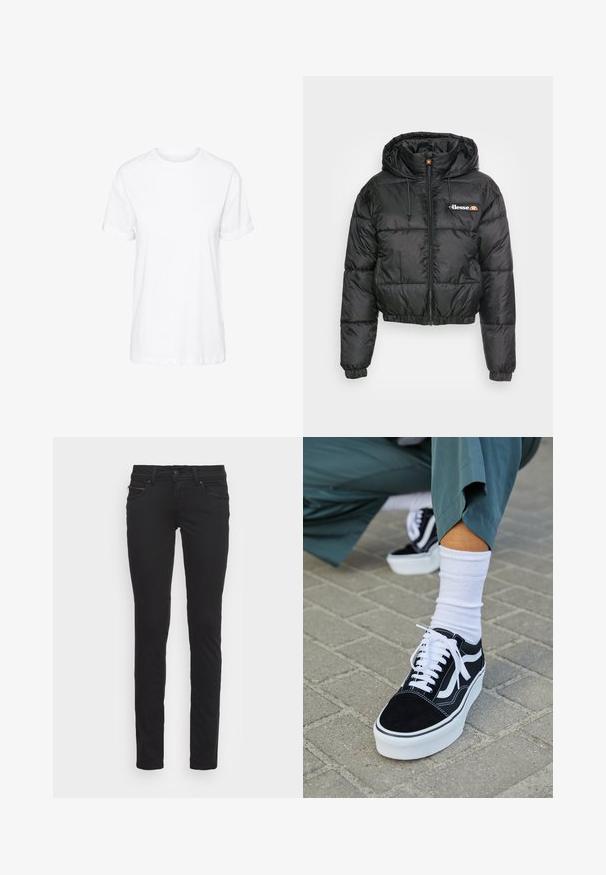 Zwarte cropped pufferjack met een capuchon, voorzien van een ritssluiting aan de voorkant en een trekkoord, gequilt ontwerp en een klein logo op de linkerkant van de borst.; Witte katoenen T-shirt met korte mouwen, een ronde hals en een relaxte pasvorm, met een gladde textuur en zonder zichtbare patronen.; Zwarte slim-fit jeans van katoen met voorzakken en een ritssluiting. Gladde textuur en standaard vijfzakken ontwerp.; Zwarte suède sneaker met witte accenten en veters, uitgerust met een dikke witte zool en contrasterende stiksels, gecombineerd met een witte sok.