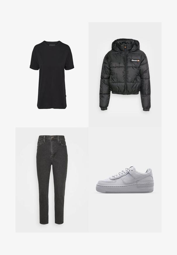 Veste courte en duvet noire avec capuche, dotée d'une fermeture éclair à l'avant et d'un cordon de serrage, design matelassé et petit logo sur la poitrine gauche.; T-shirt en coton noir à manches courtes, col rond et manches retroussées ; présente une étiquette de marque subtile sur l'ourlet latéral.; Jeans en denim noir taille haute avec une coupe slim, dotés d'une fermeture à bouton, de passants de ceinture et d'un design classique à cinq poches.; Basket en cuir lisse gris Nike Air Force 1 avec un bout perforé, une semelle épaisse et un détail 'AIR' en relief sur le talon.