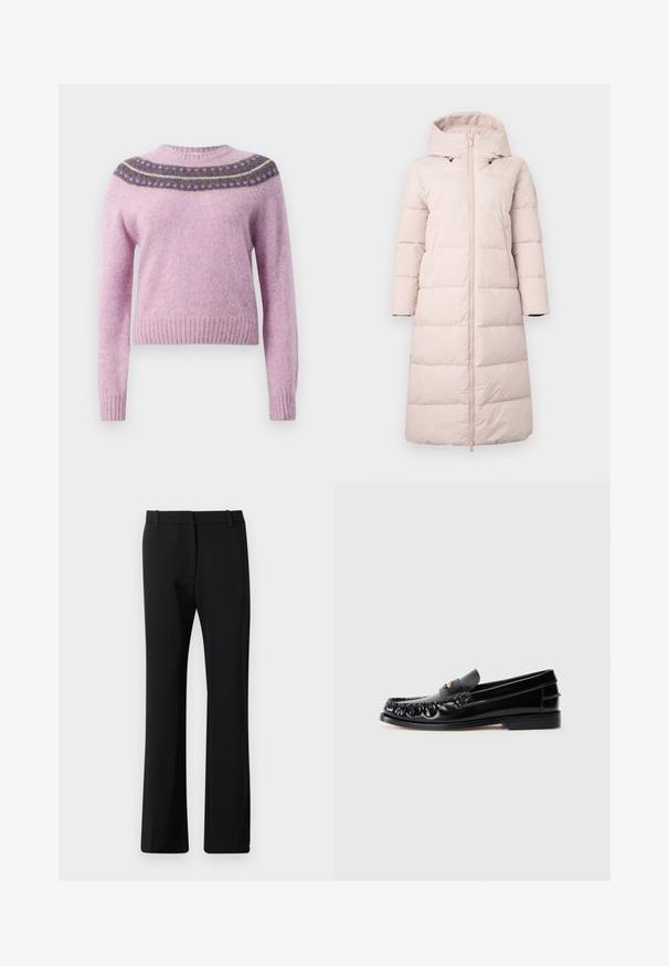 Manteau rembourré rose clair avec capuche, présentant une fermeture éclair à l'avant, des manches longues et un motif matelassé horizontal. Inclut des poches latérales.; Pull en laine rose avec un col rond, des manches longues et un empiècement décoratif à motifs en violet foncé et vert. Poignets et ourlet côtelés.; Pantalons noirs au design ajusté, fabriqués dans un tissu lisse avec une légère élasticité. Équipés de passants de ceinture et d'une coupe droite.; Mocassins en cuir noir avec un bout arrondi, des coutures décoratives et un petit accent doré sur le dessus. Semelle en caoutchouc plate, design épuré.