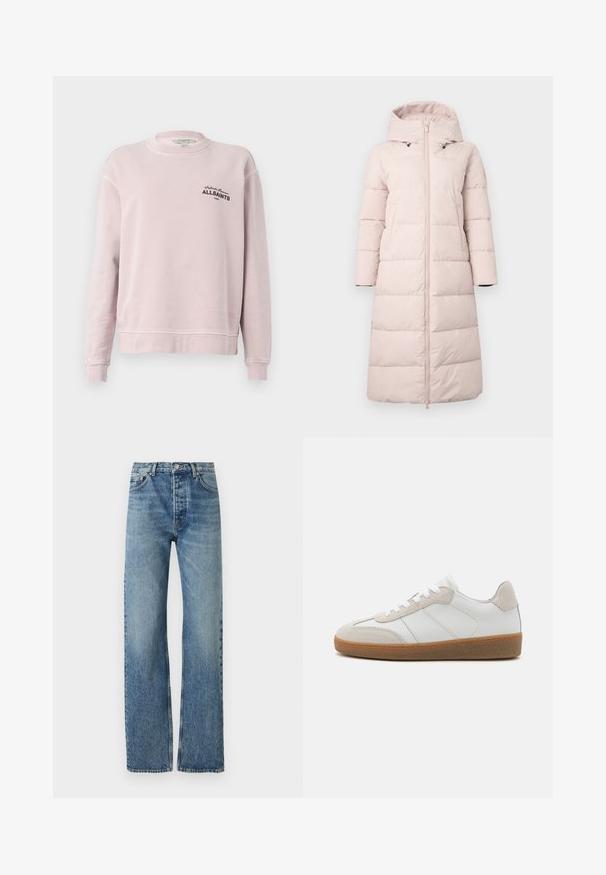 Lyserød pufferjakke med hætte, der har en frontlynlås, lange ærmer og vandret quiltet mønster. Inkluderer sidelommer.; Lyserød langærmet sweatshirt med rund hals, ribkantede ærmegab og sort tekst "Infinite Summer ALLSAINTS London" på venstre bryst.; Lyseblå, høj talje jeans med lige ben, lavet af denimstof. Har klassisk fem-lomme design og sølv hardware.; Hvide lædersneakers med beige ruskindsdetaljer, struktureret tunge og gummisål. Har hvide snørebånd og diskrete stikninger.