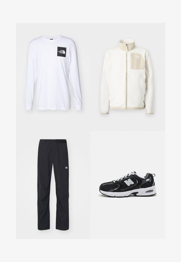 Chaqueta de forro polar blanca con un bolsillo con cremallera beige, cuello alto y un logotipo sutil en el pecho. Textura suave con un corte moderno.; Camiseta de manga larga blanca con un logo cuadrado negro que dice "The North Face" en la parte superior izquierda del pecho.; The North Face ABUKUMA PANT - Pantalones - black; Zapatillas deportivas en negro y gris con parte superior de malla y ante, que cuentan con una entresuela blanca, cordones y un llamativo logo "N" en el lateral.