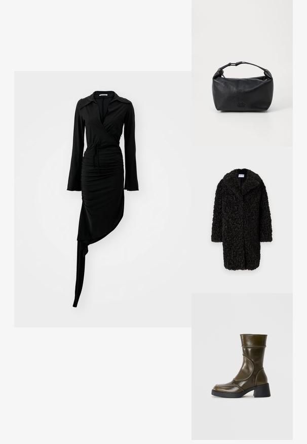 Sort struktureret krøllet faux fur lang frakke med brede revers og lange ærmer, hængende mod en almindelig hvid baggrund.; Sort langærmet kjole med indpakningsdesign, rynket tekstur og asymmetrisk kant. Har en krave og en bundet taljedetalje. Glat stof.; Olivengrøn læder ankelstøvle med rund tå, elastisk panel og en chunky sort hæl. Glat overflade og subtilt syede detaljer.; Sort lædertaske med en rund form, der har et kort håndtag og lynlåslukning. Logo præget på fronten. Glat tekstur.