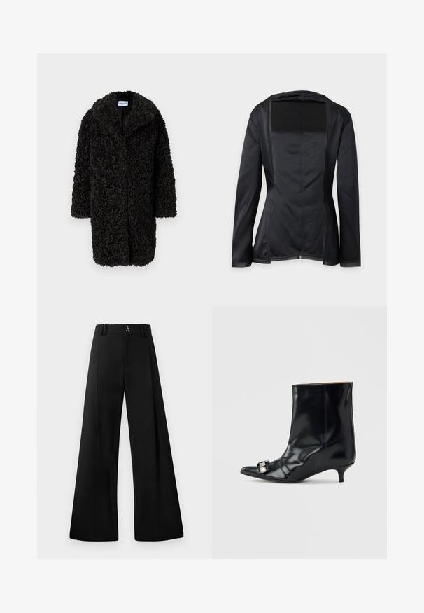 Manteau long en fausse fourrure noire texturée et bouclée, avec des revers larges et des manches longues, suspendu sur un fond blanc uni.; Blazer noir à manches longues avec ouverture avant, en tissu lisse légèrement brillant et coutures cintrées, montré de dos sur un fond uni.; Pantalons noirs à jambe large en tissu lisse, doté d'une taille haute, de plis et d'un logo à l'arrière. Design épuré et ajusté sans motifs.; Bottine en cuir noir avec bout pointu, petit talon kitten bas et boucle décorative en argent sur le côté près de l'orteil.