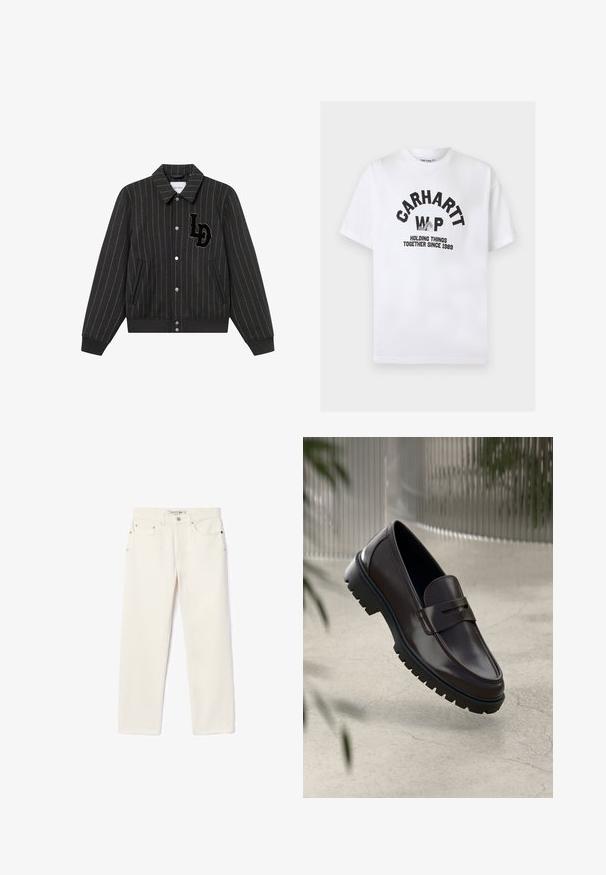 Zwart gestreepte jas met een kraag, knoopsluiting, voorzakken en een textiele stof. Bevat een geborduurd logo op de borst.; Wit T-shirt met korte mouwen en ronde hals met zwarte tekst "CARHARTT WIP", een afbeelding van een hand die stof vasthoudt en de slogan "HOLDING THINGS TOGETHER SINCE 1989".; Crème-kleurige denim jeans met een rechte pijp, voorzien van twee voorzakken, een knoopsluiting en subtiele branding nabij de tailleband.; Bruine leren loafers met een getextureerde, geribbelde rubberen zool. Beschikt over een slank ontwerp en een decoratieve band over de wreef.
