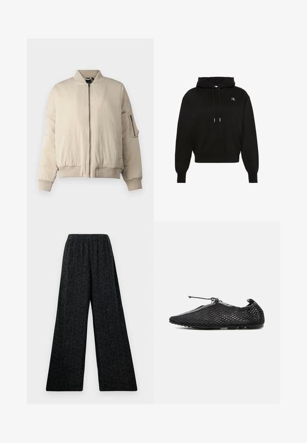 Beige bomber jacket with a ribbed collar and cuffs, front zip closure, side pockets, and a small zippered pocket on the sleeve. Smooth texture.; Musta pitkähihainen huppari nyöreillä, resorit hihansuissa ja helmassa sekä pieni valkoinen "cK" logo vasemmassa rinnassa.; Mustat leveät housut, joissa on joustava vyötärö, koristeena hienovarainen kukkakuvio tummemmassa sävyssä. Sileä kangas.; Musta verkkokangas slip-on-kenkä, jossa ohut pohja ja säädettävä nauha solmittuna päältä, esitetty sivuprofiilissa valkoisella taustalla.