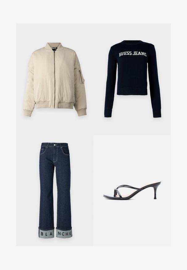 Beige bomber jacket with a ribbed collar and cuffs, front zip closure, side pockets, and a small zippered pocket on the sleeve. Smooth texture.; Guess Jeans INTARSIA - Neule - daring ocean; Tummaa sinistä farkkukangasta olevat leveälahkeiset farkut, joissa on taitettu helma, jossa on näkyvissä "BLANCHE" paksuilla mustilla kirjaimilla vaalean sinisessä resorissa.; Musta kiiltävä nahkainen korkokenkä, jossa ohuet ristikkäiset hihnat ja kapea, keskipitkä piikkikorko valkoisella taustalla.