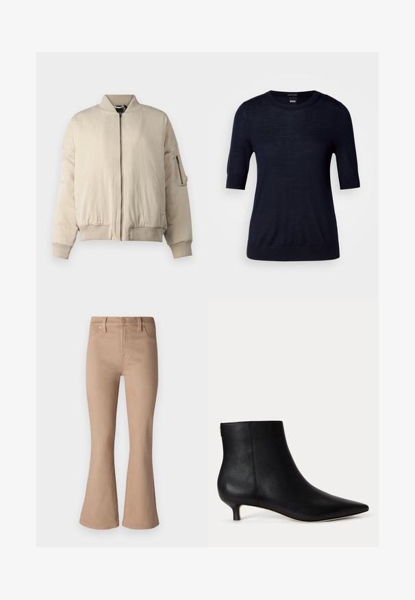 Veste bomber beige avec col et poignets côtelés, fermeture éclair frontale, poches latérales et une petite poche zippée sur la manche. Texture lisse.; Pull bleu marine à manches courtes en tissu tricot léger. Il présente un col rond et une finition côtelée pour un look ajusté.; Jean flare beige en denim, avec une texture lisse, des poches avant, une fermeture éclair et des accents en boutons et rivets dorés.; Bottine en cuir noir à bout pointu et petit talon kitten sur fond uni gris clair.