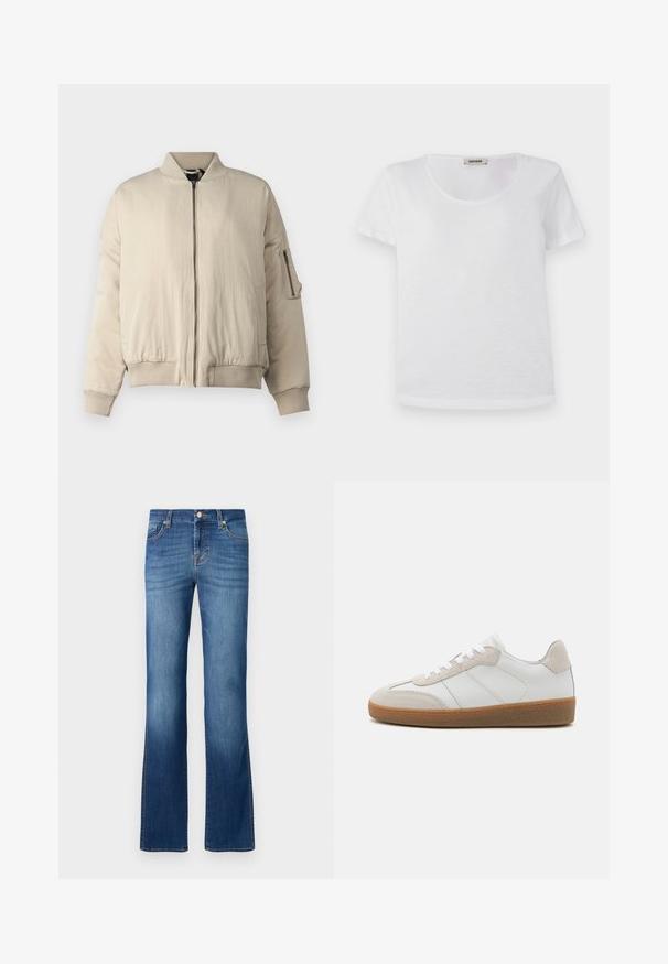 Beige bomberjakke med ribbet krave og manchetter, frontlynlås, sidelommer og en lille lynlåslomme på ærmet. Glat tekstur.; Hvid kortærmet t-shirt lavet af blødt stof, med rund halsudskæring og lige kant uden synlige mønstre eller detaljer.; Blå denim flared jeans med et klassisk fem-lomme design, der har en falmet vask, guldtråde og en knaplukning i taljen.; Hvide lædersneakers med beige ruskindsdetaljer, struktureret tunge og gummisål. Har hvide snørebånd og diskrete stikninger.