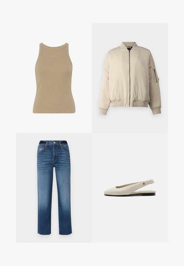 Beige bomberjack met ribbrei kraag en manchetten, ritssluiting aan de voorkant, zijzakken en een klein ritsvakje op de mouw. GLadde textuur.; Beige ribbelachtige tanktop met een ronde halslijn, mouwloos ontwerp en een klein reliëflogo op de voorkant. Zachte stoftextuur.; Donkerblauwe denim jeans met een rechte pijp, vijf-pocket ontwerp en subtiele vervaging. Beschikt over een knoopsluiting en gestikte accenten.; Crèmekleurige leren slingback platte schoen met ronde neus en klein gouden embleem op het bandje.