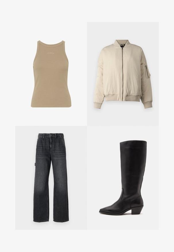 Beige bomberjakke med ribbet krave og manchetter, frontlynlås, sidelommer og en lille lynlåslomme på ærmet. Glat tekstur.; Beige ribbet t-shirt med rund halsudskæring, ærmeløs design og et lille præget logo midt foran. Blød stoftekstur.; Bredde bukser i mørkegrå denim med høj talje, forlommer og diskret slidmærker på lårene. Kontrastsyning.; Sort læderstøvle til midtkalv med spids tå og lavt skråt hæl på en enkel lys baggrund.