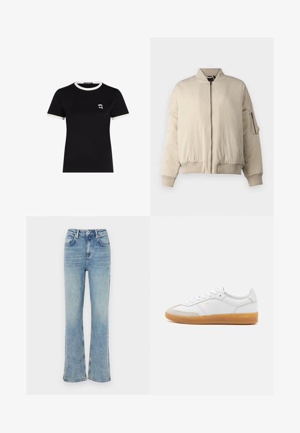 Beige bomberjack met ribbrei kraag en manchetten, ritssluiting aan de voorkant, zijzakken en een klein ritsvakje op de mouw. GLadde textuur.; Zwarte T-shirt met korte mouwen, gemaakt van katoen, met een contrasterende witte geribbelde halslijn en een klein geborduurd ontwerp op de borst.; Lichtblauwe flared jeans van denim, met een knoopsluiting, vijf zakken en subtiele vervaging voor een versleten uitstraling.; Witte leren sneaker met beige suède accenten, gumrubberen zool en vetersluiting. Heeft subtiele branding in goud.