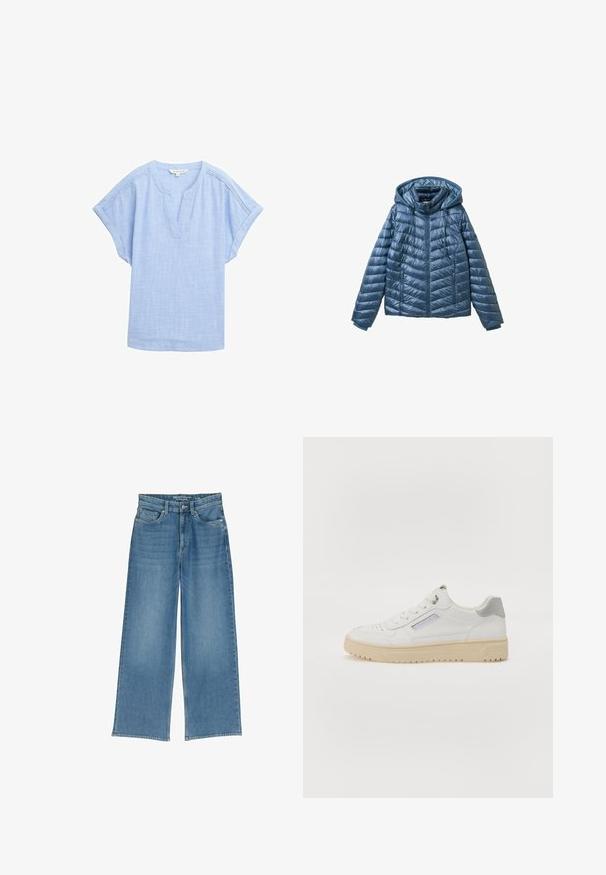 Chaqueta azul acolchada con capucha, que cuenta con un cierre de cremallera, bolsillos laterales y un patrón acolchado con líneas horizontales y diagonales.; Camisa corta de manga en azul claro hecha de una tela transpirable, con escote en forma de V y un sutil patrón texturizado en toda la prenda.; Jeans de mezclilla de pierna ancha en azul claro con una cintura alta, cinco bolsillos y costuras visibles; la tela tiene un acabado ligeramente texturizado.; Zapatillas blancas para hombres con una textura suave, detalles en gris, puntera redonda y suela de goma beige. Presentan una etiqueta lateral y detalles perforados.