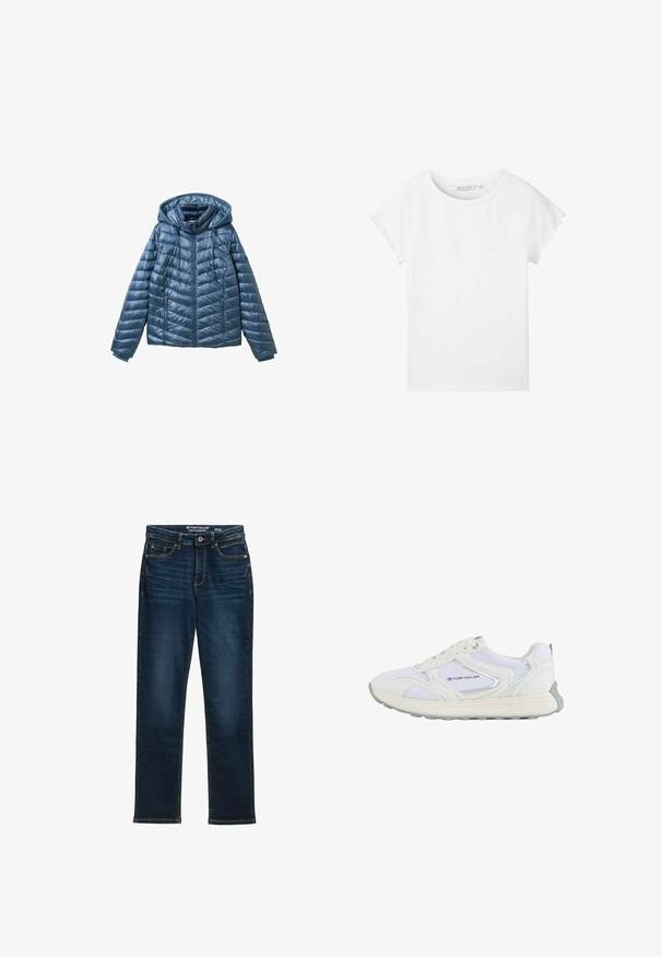 Gewatteerde blauwe jas met een capuchon, voorzien van een ritssluiting, zijzakken en een gestikt patroon met horizontale en diagonale lijnen.; TOM TAILOR DENIM MIT ÄRMELDETAILS - T-shirt basic - white; Donkerblauwe rechte jeans van denim, met vijf zakken, een metalen knoopsluiting en contrasterende stiknaden. Geen zichtbare slijtage.; Witte sportschoen met een bovenwerk van mesh en synthetisch materiaal, voorzien van zilveren accenten en een gestructureerde rubberen zool, gelabeld "TOM TAILOR."