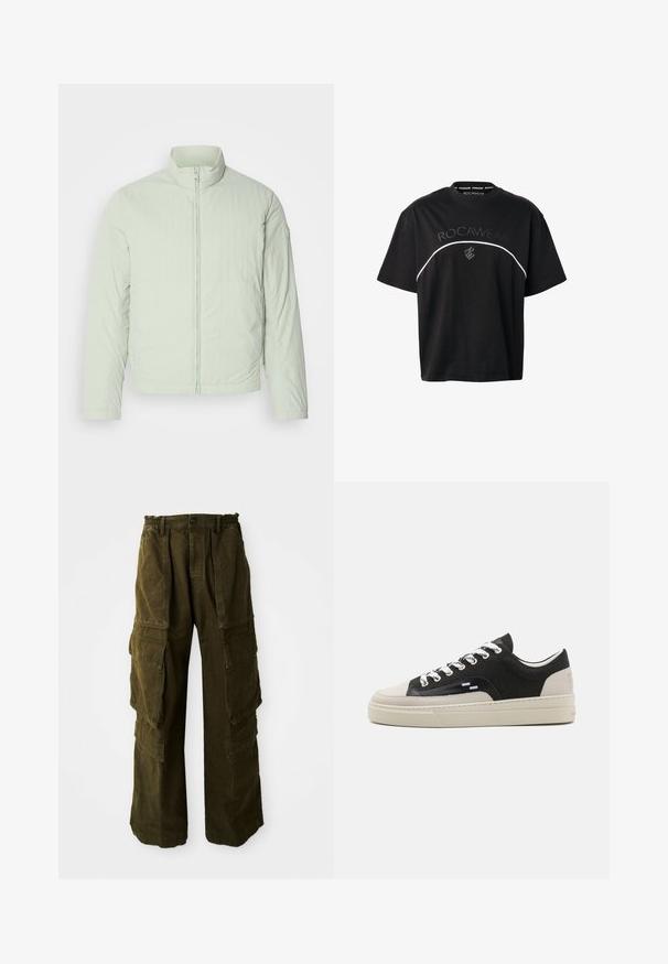 Veste isolée vert menthe clair avec un col montant, fermeture éclair à l'avant et longues manches. Tissu texturé avec une finition lisse et sans marque visible.; T-shirt noir à manches courtes de Rocawear avec une ligne blanche courbe traversant la poitrine et un logo flamme gris sous le nom de la marque.; Pantalons cargo en vert olive foncé, fabriqués en coton texturé. Dotés d'une taille élastique, de plusieurs poches latérales et d'une coupe ample.; Baskets noires en toile avec une semelle en caoutchouc beige, lacets blancs et accents en cuir sur le bout et sur le côté. Détail de logo subtil sur le talon.