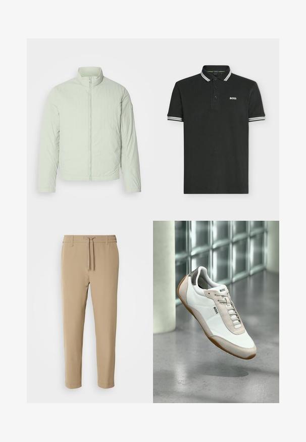 Lys mintgrøn isoleret jakke med høj krave, frontlynlås og lange ærmer. Struktureret stof med en glat overflade og uden synlig branding.; Sort poloshirt med korte ærmer med hvide dobbelte striber på krave og manchetter, med tre knapper og BOSS logo på brystet.; Beige, tapered bukser med elastisk talje og snor. Glat stof med et rent design uden synlige mønstre eller hardware.; Hvid og beige BOSS-sneaker med brun sål, der svæver over poleret betongulv mod en baggrund af glasblokvæg.