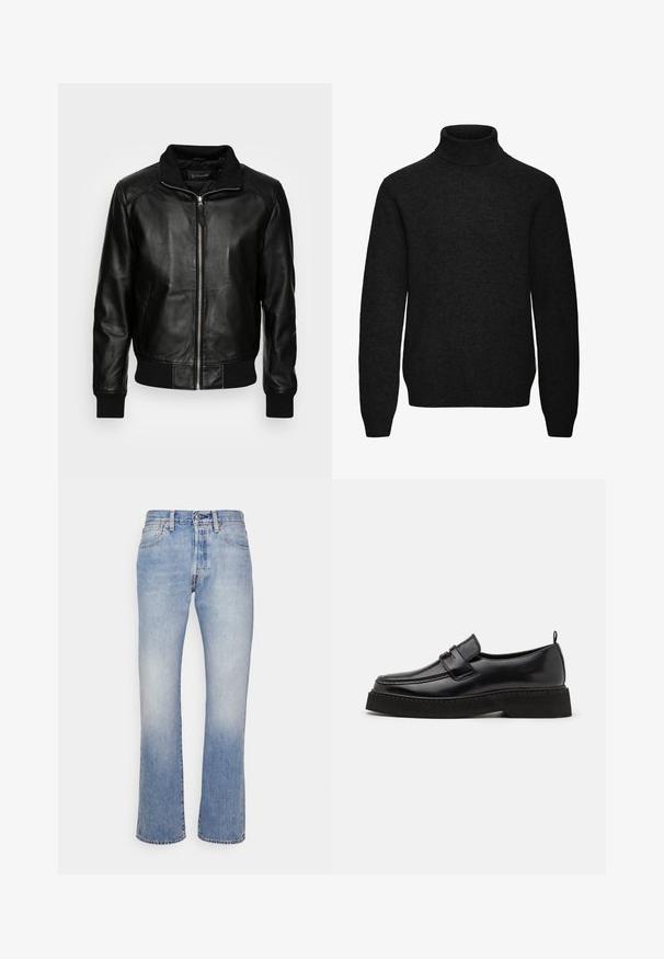 Schott FRESNO - Veste en cuir - black; Pull noir à col roulé manches longues avec poignets et ourlet côtelés, en tissu tricoté doux.; Jean bleu clair droit avec lavage délavé, design cinq poches, fermeture par bouton et passants de ceinture sur fond blanc.; Chaussures en cuir noir de style mocassin avec une semelle plate et texturée, présentant un bout piqué et une sangle traversant le cou-de-pied.
