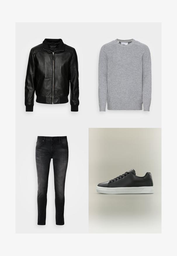 Schott FRESNO - Læderjakker - black; Grå strikket sweater med rund hals, ribbede manchetter og kant. Glat tekstur og et enkelt, klassisk design med sidespalter.; Sorte denimjeans med slim fit, fem-lomme design, diskret falmning og kontraststing. Har klassisk metalknap og lynlås lukning.; Sort lavtop sneakers i læder med sorte snørebånd og hvid gummisål på neutral baggrund, sidevisning.