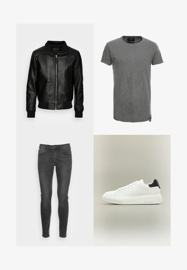 Schott FRESNO - Chaqueta de cuero - black; Camiseta gris de manga corta hecha de un tejido suave y texturizado. Presenta un cuello redondo y un sutil patrón jaspeado, con una etiqueta de marca en el lateral.; Jeans negros ajustados con una textura suave, que presentan un diseño clásico de cinco bolsillos y un ligero desvanecimiento en la parte frontal.; Zapatilla blanca de caña baja con suela gruesa, cierre de cordones en la parte delantera y lengüeta negra en el talón, con la marca "Steve Madden" en la suela lateral.