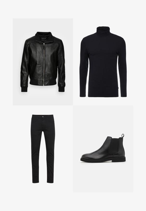 Schott FRESNO - Δερμάτινο μπουφάν - black; Μαύρο μακρυμάνικο μπλουζάκι με ψηλό γιακά, φτιαγμένο από μαλακό, ελαστικό υλικό. Διαθέτει εφαρμοστή σχεδίαση και απαλή υφή. Χωρίς ορατά σχέδια ή αξεσουάρ.; Μαύρο στενό τζιν από ελαφρύ ύφασμα, με κλείσιμο μπροστά με κουμπιά, πέντε τσέπες και διακριτικές ραφές.; Μαύρα δερμάτινα Chelsea μποτάκια με ελαστικές πάνελ πλευρές και λουράκι. Στρογγυλή μύτη και επίπεδη καουτσούκ σόλα, που παρουσιάζουν μια λεία επιφάνεια.