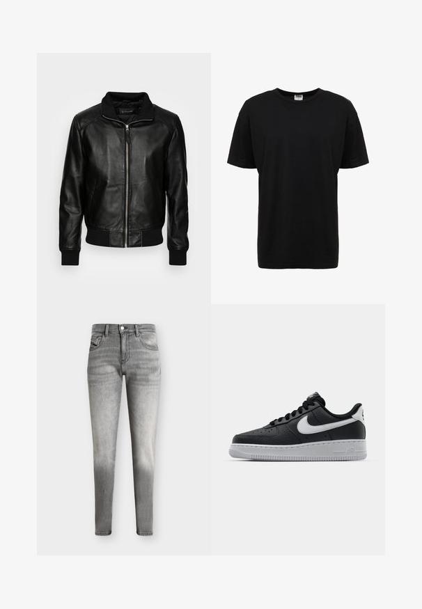 Schott FRESNO - Veste en cuir - black; T-shirt en coton noir à col rond avec des manches courtes, coupe standard, texture lisse, et sans motifs ni accents visibles.; Jean slim gris délavé avec un design à cinq poches et une fermeture par boutons, présenté sur un fond uni.; Baskets en cuir noir avec surface texturée, swoosh Nike blanc, semelle grise, bout rond et design à lacets. Comprend des perforations sur la boîte à orteils.
