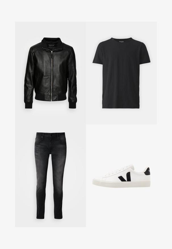 Schott FRESNO - Lederjacke - black; Schwarzes Baumwoll-T-Shirt mit Rundhalsausschnitt und kurzen Ärmeln. Hat ein sauberes Design ohne Muster oder Akzente. Einfach und vielseitig.; Schwarze Denim-Jeans im Slim-Fit-Schnitt, mit fünf Taschen, dezentem Used-Look und Kontrastnähten. Ausgestattet mit klassischem Metallknopf und Reißverschluss.; Weiße Leder-Sneaker mit schwarzen Wildlederelementen; verfügen über eine Gummisohle, eine runde Spitze und ein klassisches Schnürdesign. Seitliches Logo in Schwarz.