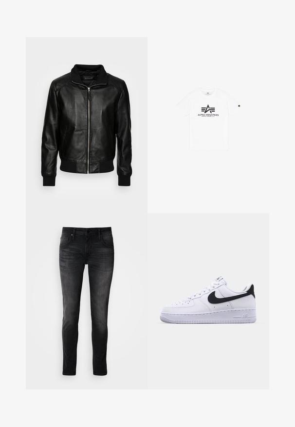 Schott FRESNO - Leren jas - black; Witte katoenen T-shirt met korte mouwen, voorzien van een zwart afgedrukt logo "ALPHA INDUSTRIES" en een gestileerd driehoekig ontwerp.; Zwarte denim jeans met een slim fit, vijf zakken ontwerp, subtiele vervaging en contrasterende stiksels. Voorzien van een klassieke metalen knoop- en ritssluiting.; Witte leren sneaker met een gestructureerde zwarte Swoosh, platte veters en een rubberen zool met een geribbeld patroon. "AIR" is in de hak geperst.