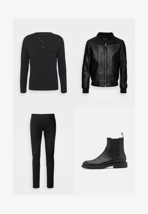 Schott FRESNO - Chaqueta de cuero - black; Camisa henley negra de manga larga, hecha de un tejido suave, con una placket de botones, cuello redondo y mangas ajustadas.; Vaqueros de mezclilla negra con un ajuste slim, diseño de cinco bolsillos, cremallera en la bragueta y una textura limpia y suave. Cintura estándar con pasadores para cinturón.; Botín de cuero negro con textura suave, paneles laterales elásticos y una lengüeta. Punta redonda y suela de goma plana con mínimo dibujo.