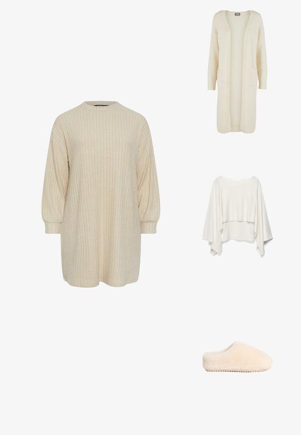 Hvid, letvægts pullover med løs pasform, brede kimonærmer og lagdelt design, lavet af blødt, glat stof.; Lang, åben-front cardigan i blødt cremefarvet stof. Har to forlommer og ribstrikkede manchetter. Enkel, minimalistisk design.; Beige ribbet kjole med høj rund halsudskæring og lange puffærmer. Blød tekstur, knælang længde og subtil vertikal mønsterdetalje.; Beige, bløde, fuzzy tøfler med en solid flad sål og rund tå, der har et sømløst design og en blød tekstur.