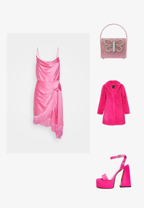 Syntetisk pelsfrakke i lys pink, med sjalskrave, lange ærmer og lige snit, samt en blød, plysset tekstur.; Cinq à Sept OCTAVIA DRESS - Cocktailkjole / festkjole - flamingo; Lyserøde platform sandaler med bred firkantet hæl, ankelrem, glat finish og åben tå design. Spændeaccent ved anklen.; Lyserød, glitrende taske med et fremtrædende sommerfugle-design og rhinestone-detaljer, rektangulær form og flad håndtag.