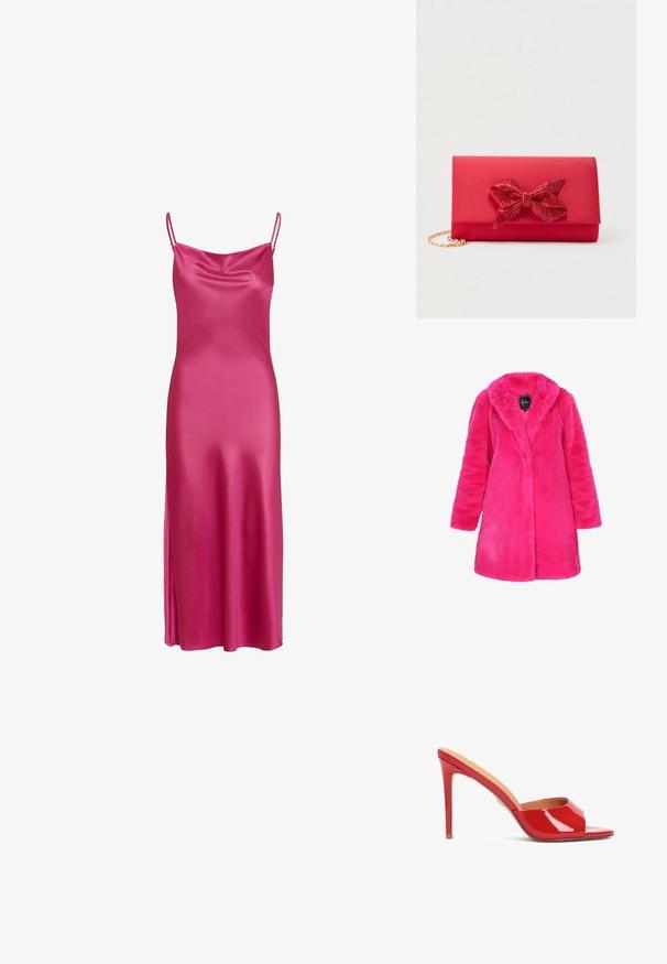 Manteau en fausse fourrure de couleur rose vif, avec un col châle, des manches longues et une coupe droite, offrant une texture douce et pelucheuse.; Robe nuisette en satin fuchsia avec bretelles fines, encolure drapée et fente latérale, tombant jusqu'à mi-mollet.; Mule ouvert en cuir verni rouge au design épuré, avec un haut talon aiguille et un subtil détail découpé sur le dessus.; Pochette en satin rouge avec un grand nœud pailleté sur le rabat et une courte chaîne dorée sur fond blanc.