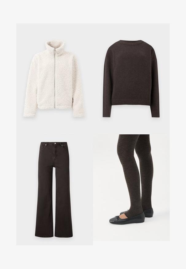 Hallhii jakk off-white värvuses, mis sisaldab kõrget kaelust, esist j zipperit, tekstuurset ja pehmet kangast pikkade varrukatega ning elastsete mansettidega.; Tumepruun pikkade varrukatega ümar kaelusega sviiter, näidatud tagantvalgel taustal.; Mustad kõrge vöökohtadega denimiste laiad püksid, mis on mustad ja sisaldavad viit taskut ning nööbilukku. Sile tekstuur, minimalistlik disain.; Jalad seljas tumedad soonelises soonelises kombines mustade baleriinadega, millel on väikesed paelade detailid valgel taustal.