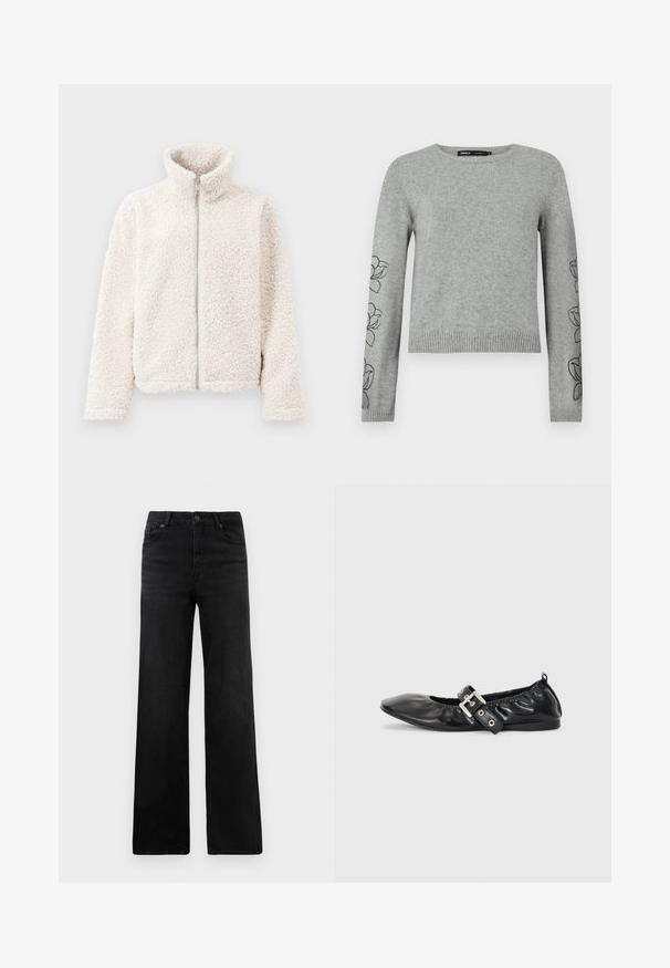 Fleecejakke i off-white med høj krave, frontlynlås og tekstureret, blødt stof med lange ærmer og elastiske manchetter.; Grå strikket sweater med lange ærmer, ribbet kant og blomsterbroderi på ærmerne. Rund halsudskæring og struktureret materiale.; Sorte denim bukser med vid ben og en klassisk fem-lomme-design, der inkluderer en knaplukning og subtil tekstur. Rene linjer og minimal pynt.; Sorte læder flade sko med spids tå, samling detaljer omkring åbningen, og en sølv spænde accent på den justerbare rem.