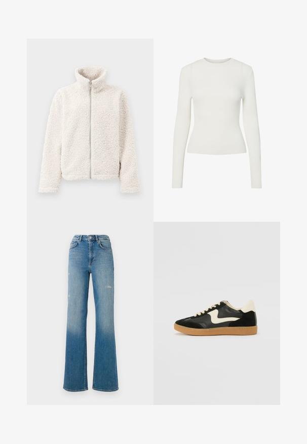 Hallhii jakk off-white värvuses, mis sisaldab kõrget kaelust, esist j zipperit, tekstuurset ja pehmet kangast pikkade varrukatega ning elastsete mansettidega.; Valge pika varrukaga sooniline tipp, ümarate kaelustega, liibuv kuju ja sile struktuur. Minimalistlik disain, ilma nähtavate mustrite või kaunistusteta.; Kõrge vöökohaga sinised denim teksad, millel on kerge kulumisefekt reitel, viie-tasku stiil ja laienev jalgade disain.; Must musta ja nahast sneakersid, millel on koorevärvi külgsuund ja hele koorik. Omab beeži paelu ja kummi kummist välistalla.