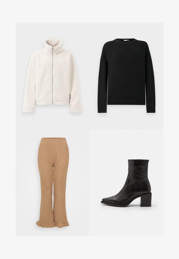 Fleecejacke in Off-White, mit hohem Kragen, Frontreißverschluss und strukturiertem, weichem Stoff, langen Ärmeln und elastischen Bündchen.; Schwarzer langärmeliger Rundhalsausschnitt-Pullover mit gerippten Bündchen und Saum, präsentiert auf einem schlichten hellgrauen Hintergrund.; Helle braune, gerippte Strickhose mit weit auslaufendem Saum und Rüschensaum. Elastischer Bund für mehr Komfort. Gleichmäßige Textur auf der gesamten Oberfläche.; Schwarzer Lederknöchelstiefel mit quadrater Spitze und Blockabsatz. Das Design zeichnet sich durch eine glatte Textur und minimale Nähte aus.