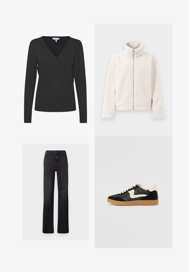 Hallhii jakk off-white värvuses, mis sisaldab kõrget kaelust, esist j zipperit, tekstuurset ja pehmet kangast pikkade varrukatega ning elastsete mansettidega.; Must põhja V-kaelusega must pikad varrukad kampsun, mis on valmistatud peenest kudumaterjalist. Sisaldab viie nööbiga paela ning soonikuga mansetid ja äär.; Mustmustest musta teksasest sirge jalgadega teksapüksid, kõrge vöökoht, viie tasku disain ja nähtavad õmblused. Sile tekstuur, millel on kergelt kulunud viimistlus.; Must musta ja nahast sneakersid, millel on koorevärvi külgsuund ja hele koorik. Omab beeži paelu ja kummi kummist välistalla.