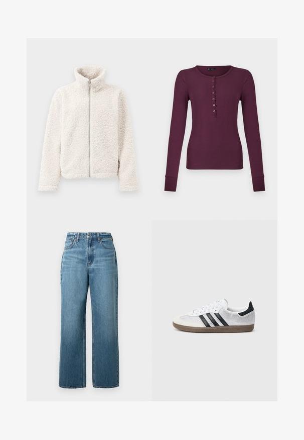 Φλις ζακέτα σε off-white απόχρωση, με ψηλό γιακά, μπροστινό φερμουάρ και υφασμάτινη, μαλακή υφή, με μακριά μανίκια και ελαστικές μανσέτες.; Μακρυμάνικο ριγέ πουκάμισο Henley σε σκούρο βυσσινί, με επτά κουμπιά και μανίκια με κουμπώματα.; Αέρινα μπλε τζιν με ίσια γραμμή, κατασκευασμένα από τζιν ύφασμα, με κανονική μέση, πέντε τσέπες και διακριτική φθορά. Χωρίς έντονα σχέδια ή διακοσμητικά στοιχεία.; Άσπρο πλεκτό αθλητικό παπούτσι με μαύρες ρίγες, εκρού δερμάτινη μύτη και λεπτομέρεια στη φτέρνα, υφή ελαστικής σόλας και άσπρα κορδόνια. Κλασικός σχεδιασμός χαμηλού προφίλ.