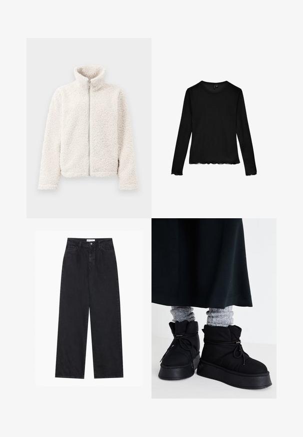 Hallhii jakk off-white värvuses, mis sisaldab kõrget kaelust, esist j zipperit, tekstuurset ja pehmet kangast pikkade varrukatega ning elastsete mansettidega.; Must pikkade varrukatega ümara kaelusega särk, mille varrukate ja ääre servad on lainelised, asetatud lamedalt valgele taustale.; Mustad kõrgvööga laiad denimist teksad, millel on eesne nupp ja lukukinnis, vööaasad ning viis taskut.; Mustad, paksu pahkluu saapad, millel on lame tallad, nööridega ja silmapaistva õmblusega. Kombineeritud hallide ribakudumitega sokkidega, milled on nähtaval, kanda tumeda seeliku all.