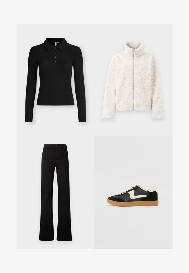 Fleecejakke i off-white med høj krave, frontlynlås og tekstureret, blødt stof med lange ærmer og elastiske manchetter.; Sort langærmet ribbet polo med krave og fire knapper ned langs forstykke.; Sorte jeans med høj talje og lige ben, med forlommer, bæltestropper, knaplukning og let udvidede bukseben på en hvid baggrund.; Sorte ruskinds- og lædersneakers med en cremefarvet side-swoosh og lys cremefarvet hæl. Har beige snørebånd og en gummirubber-sål.